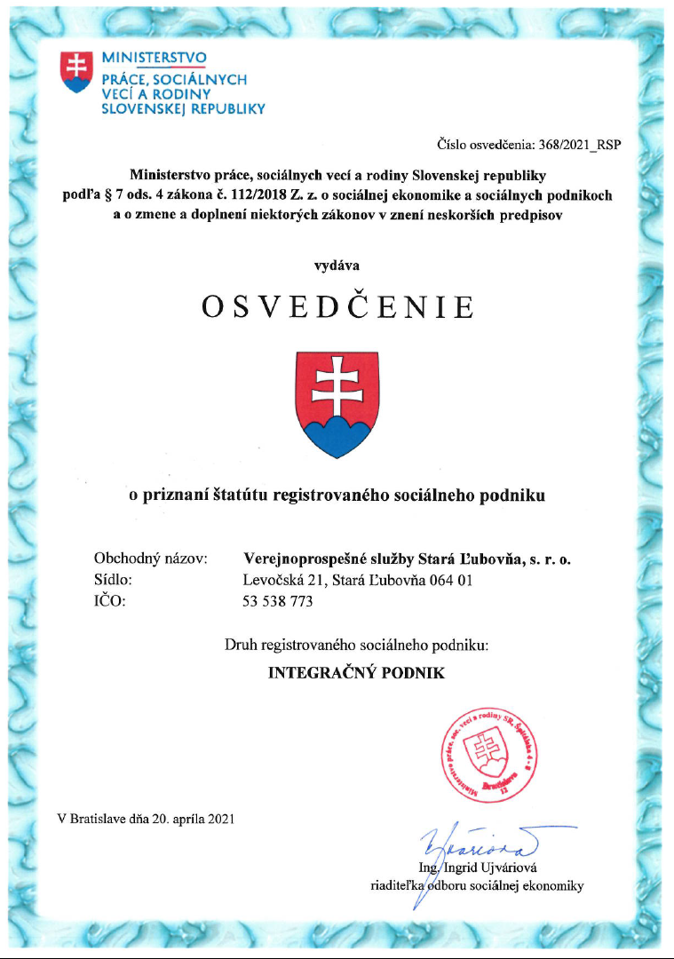 Získali sme Osvedčenie o priznaní štatútu registrovaného sociálneho podniku
